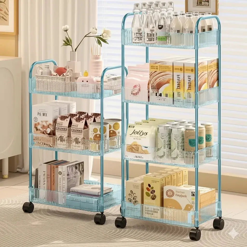 Multifunctional Transparent Storage Box Cart with360° Rotating Wheels – Acrylic Tiered Rack Trolley for Home & Office Marhaba international 