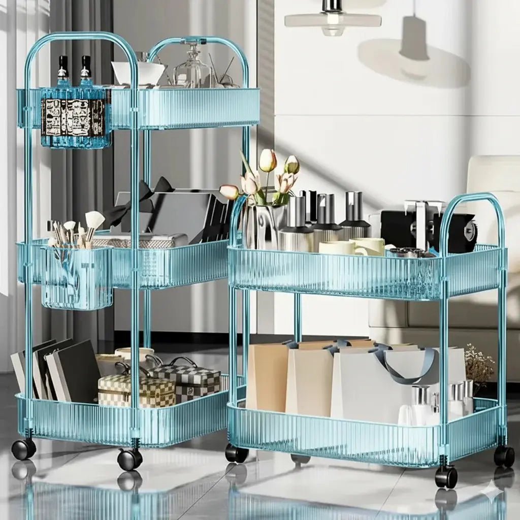 Multifunctional Transparent Storage Box Cart with360° Rotating Wheels – Acrylic Tiered Rack Trolley for Home & Office Marhaba international 
