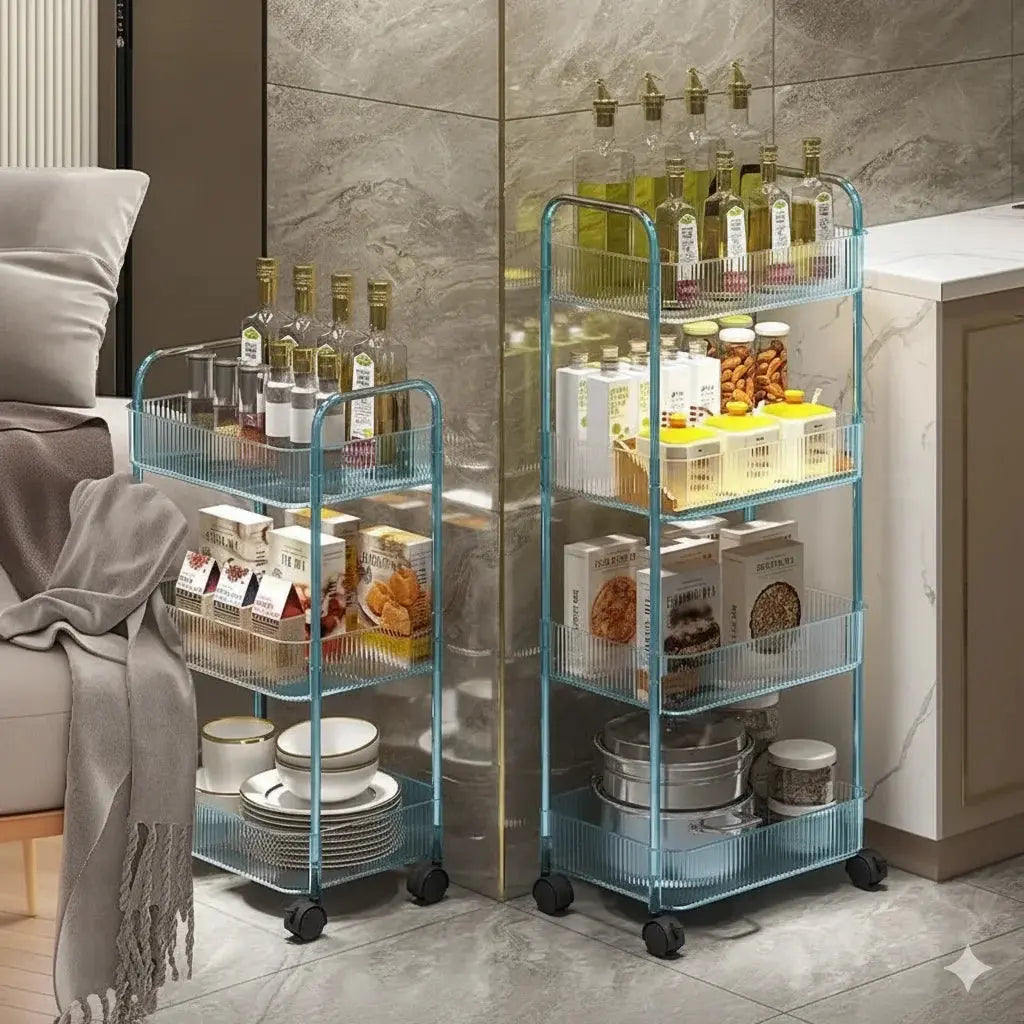 Multifunctional Transparent Storage Box Cart with360° Rotating Wheels – Acrylic Tiered Rack Trolley for Home & Office Marhaba international 