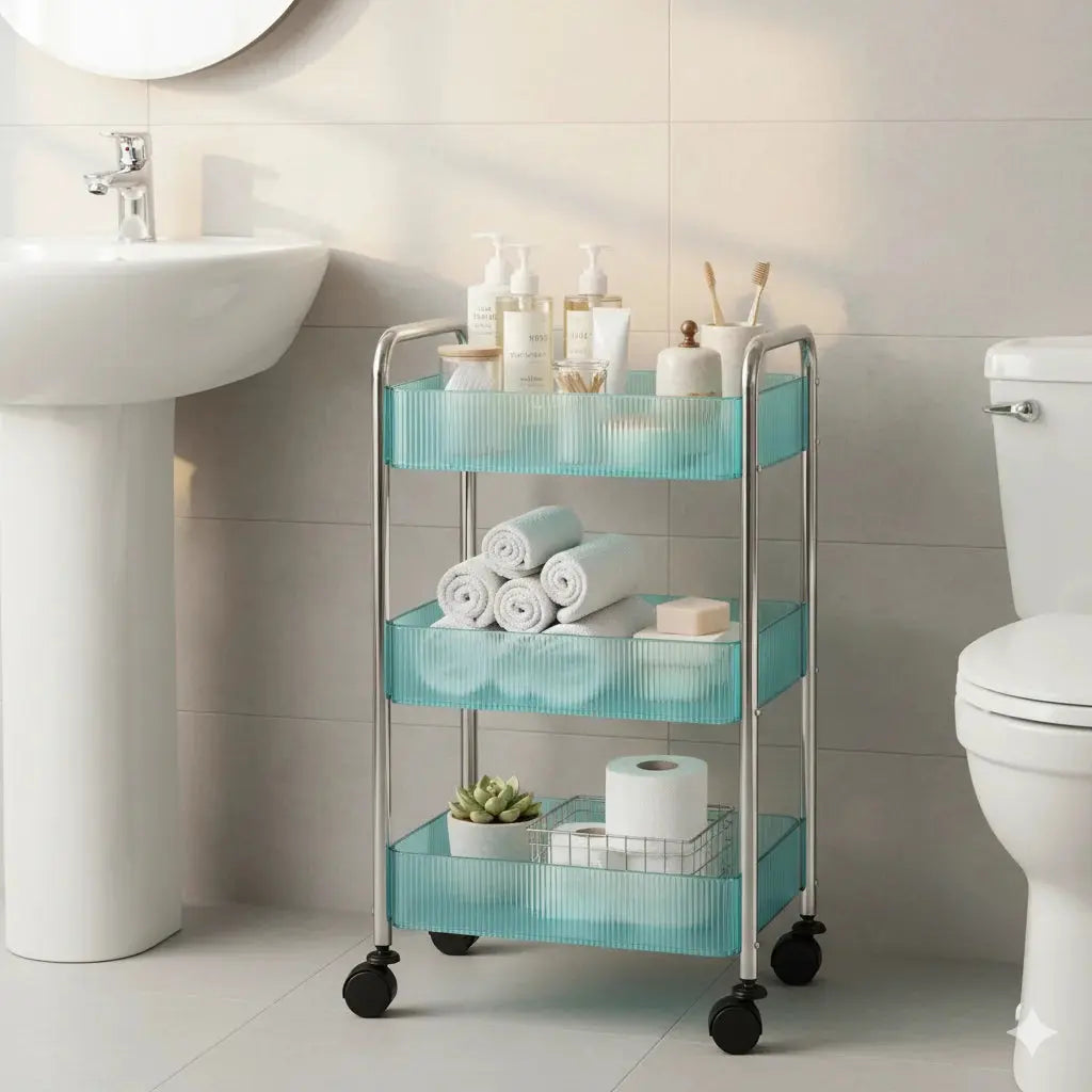 Multifunctional Transparent Storage Box Cart with360° Rotating Wheels – Acrylic Tiered Rack Trolley for Home & Office Marhaba international 