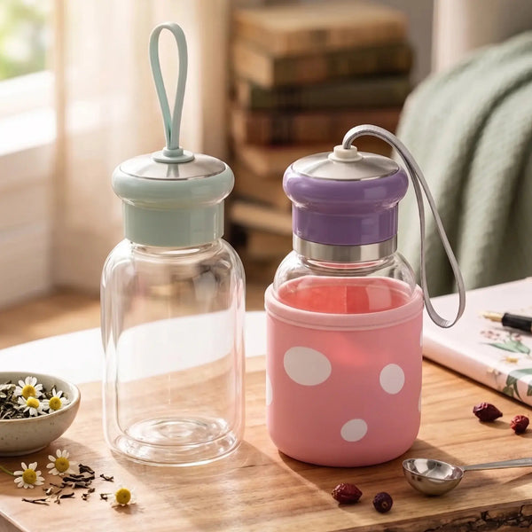 Glass Water Bottle Mug  with Protective Sleeve & Leakproof Lid Scrollcart Qatar 