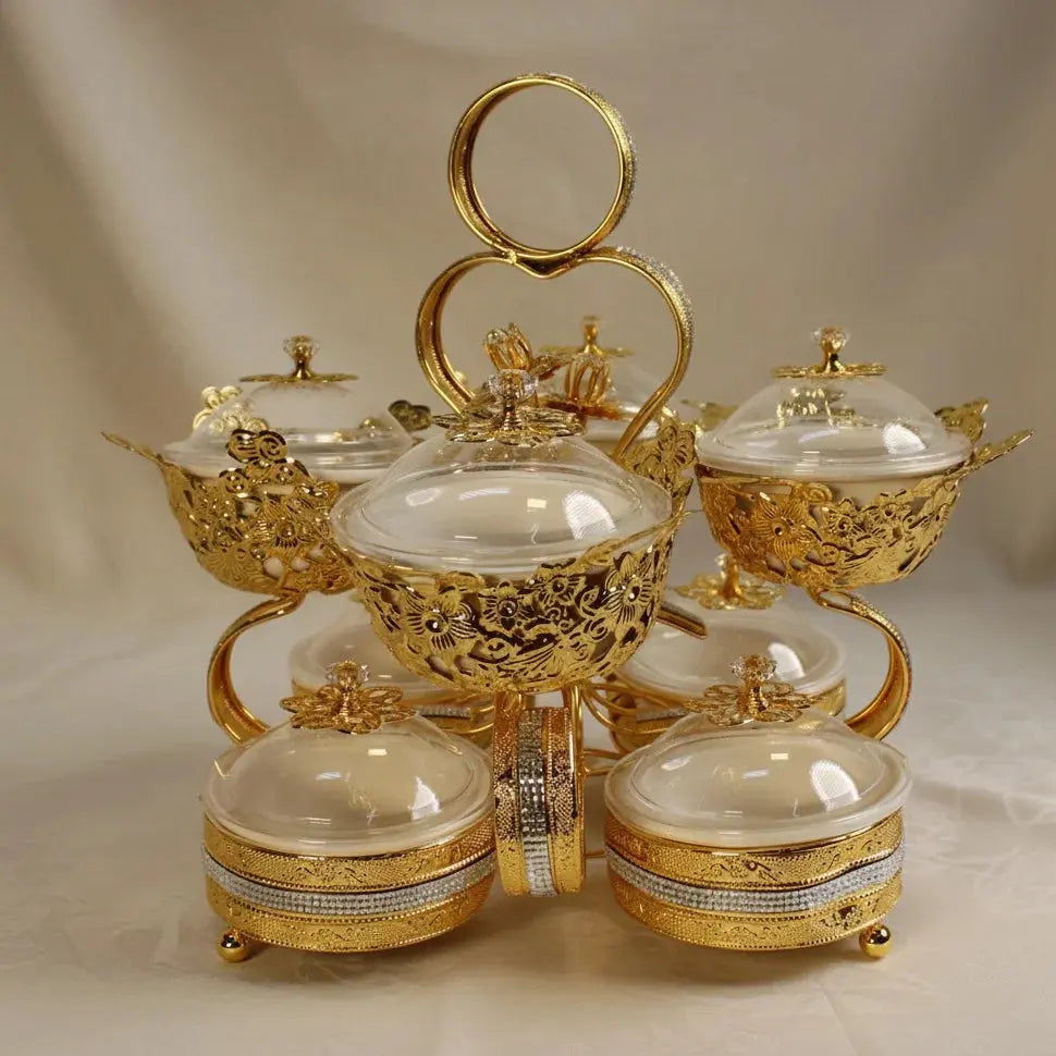 Gold Serving Set with 8 Lidded Glass Bowls Doha Qatar