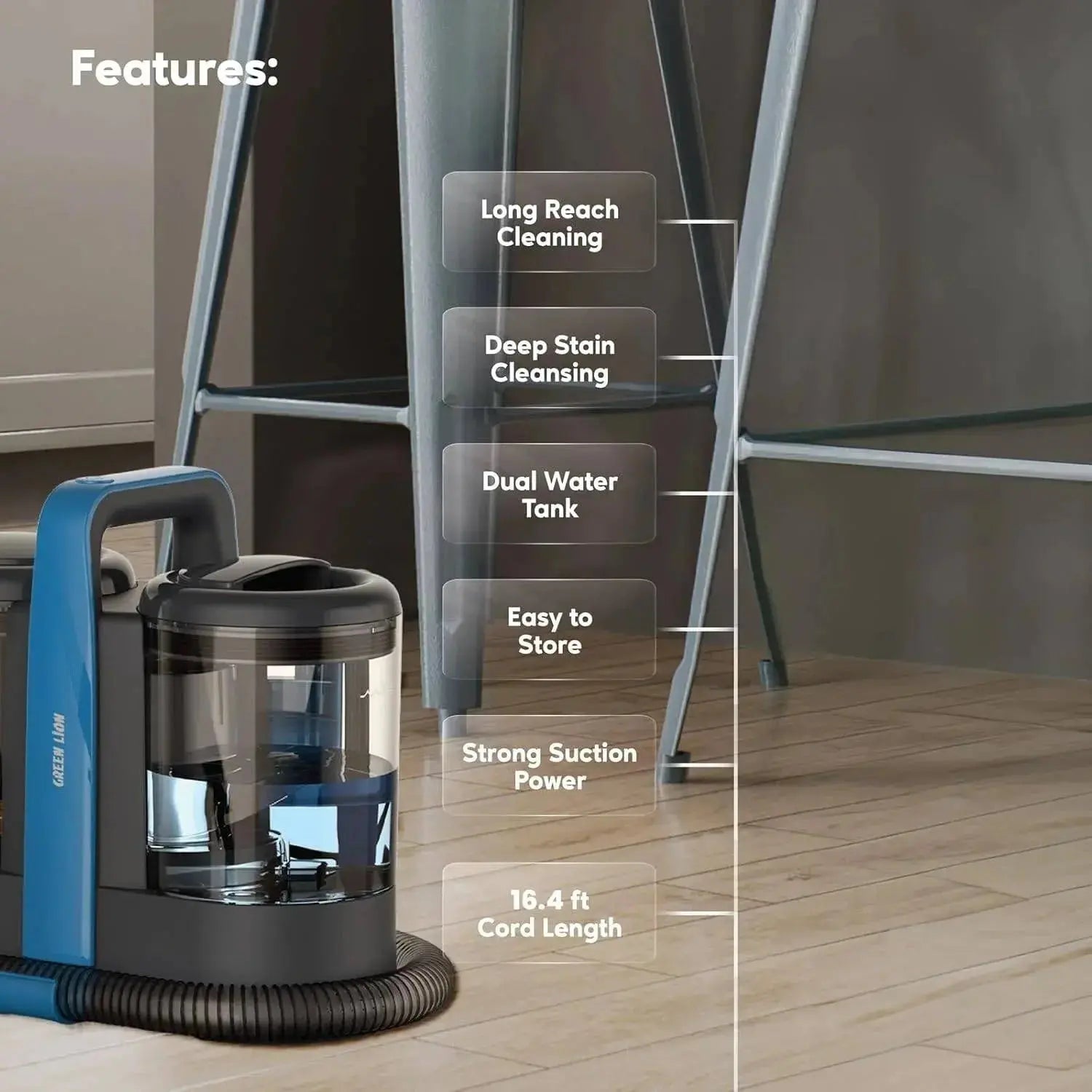 Green Lion Carpet Cleaner Pro 600W - 15kPa Powerful Suction - Dual Water Tank Qstar 