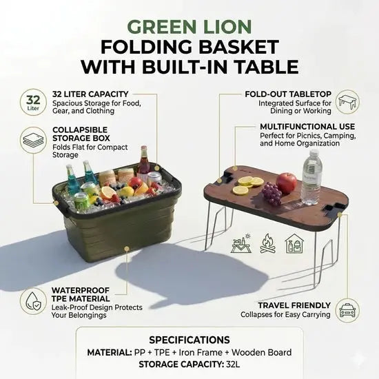 Green Lion Folding Basket with Built-In Table 32L – PP and TPE, Green Scrollcart Qatar 