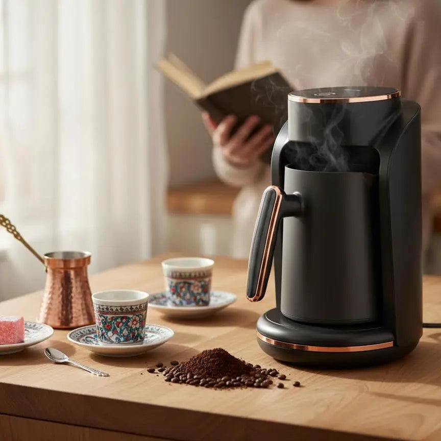 Green Lion MAZAJ Turkish Coffee Maker 600W – 250mL, Stainless Steel Mug, Black Scrollcart Qatar 