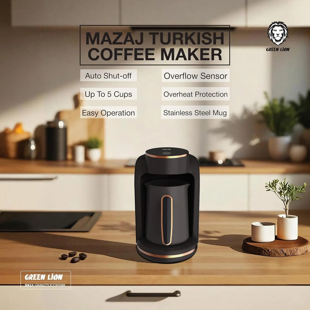 Green Lion MAZAJ Turkish Coffee Maker 600W – 250mL, Stainless Steel Mug, Black Scrollcart Qatar 