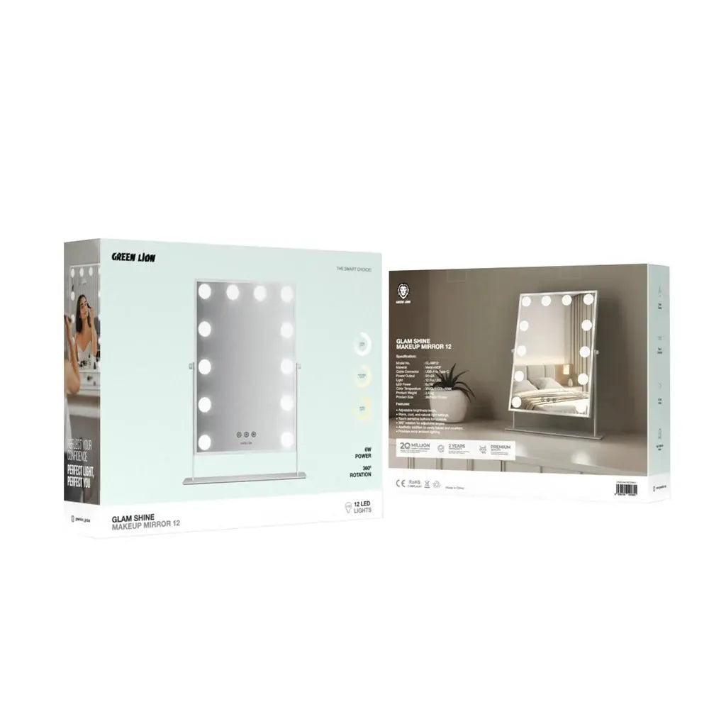 Green Lion Glam Shine Makeup Mirror – 12 LED Lights, 3 Color Modes, 360° Rotation Marhaba international 