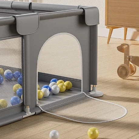Baby Playpen 150 × 180 cm – Grey Toddler Safety Fence with Soft Mesh Panels