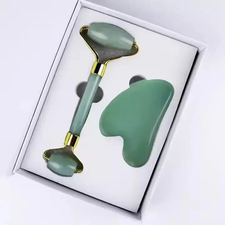 Jade Roller - Pink Stone Roller & Gua Sha Set | Massage Tools Kit for Face, Eye, Neck - Scrollcart Qatar