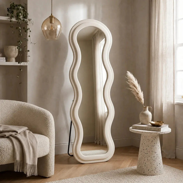 HD Glass Top Full-Length Wave Velvet Floor Mirror | Standing Full Body Mirror Scrollcart Qatar 