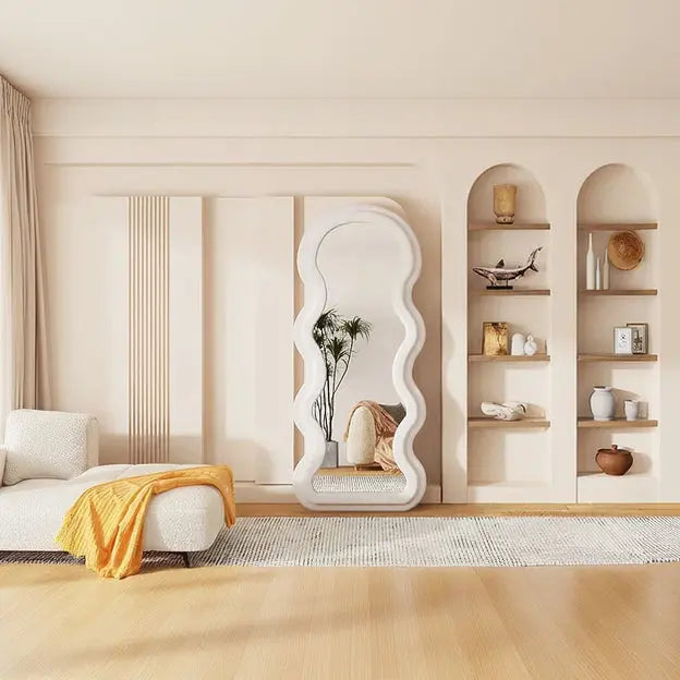HD Glass Top Full-Length Wave Velvet Floor Mirror | Standing Full Body Mirror Scrollcart Qatar 