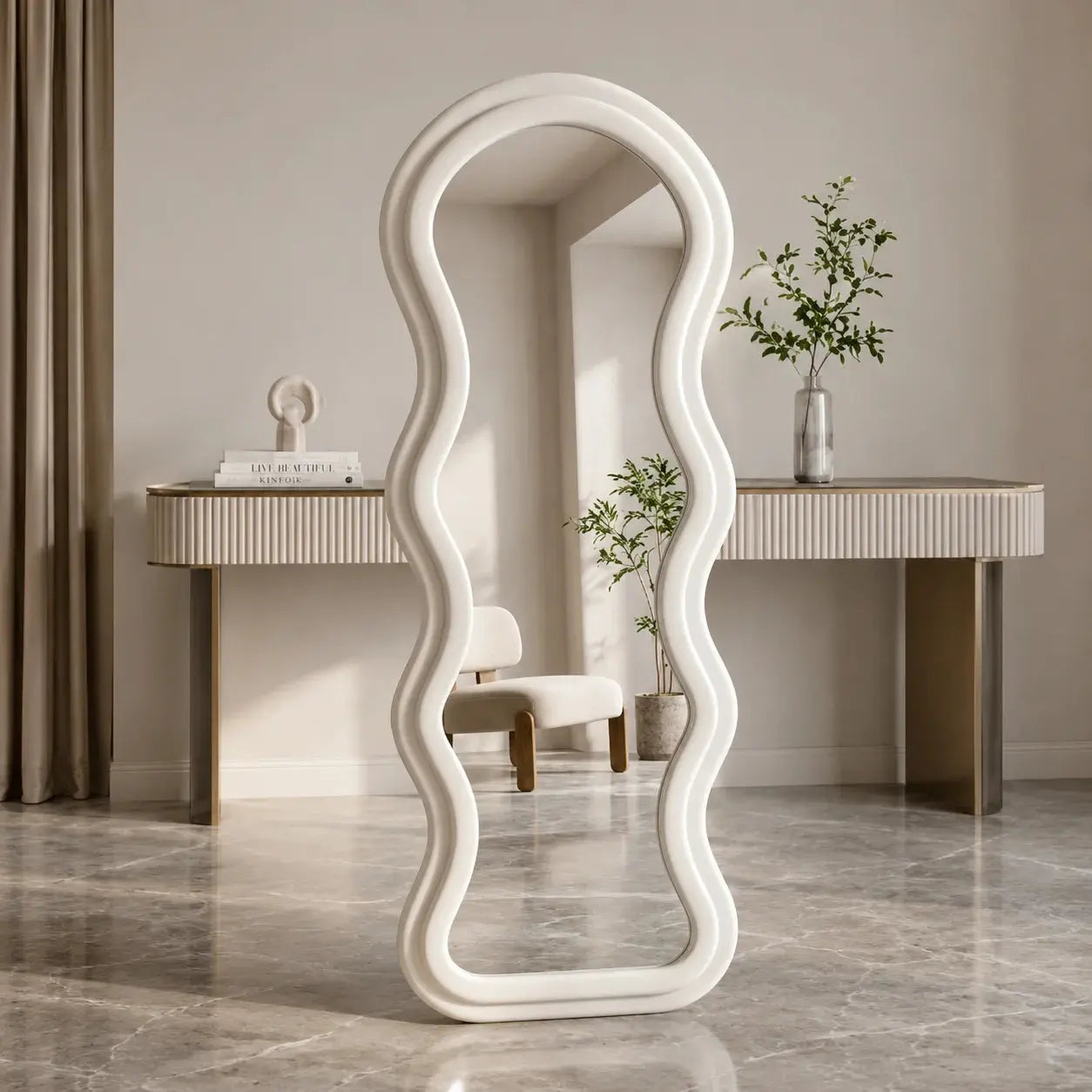 HD Glass Top Full-Length Wave Velvet Floor Mirror | Standing Full Body Mirror Scrollcart Qatar 