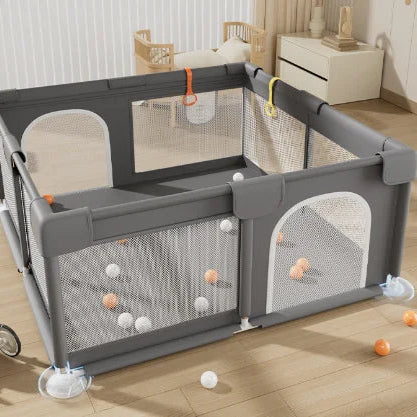 Baby Playpen 150 × 180 cm – Grey Toddler Safety Fence with Soft Mesh Panels