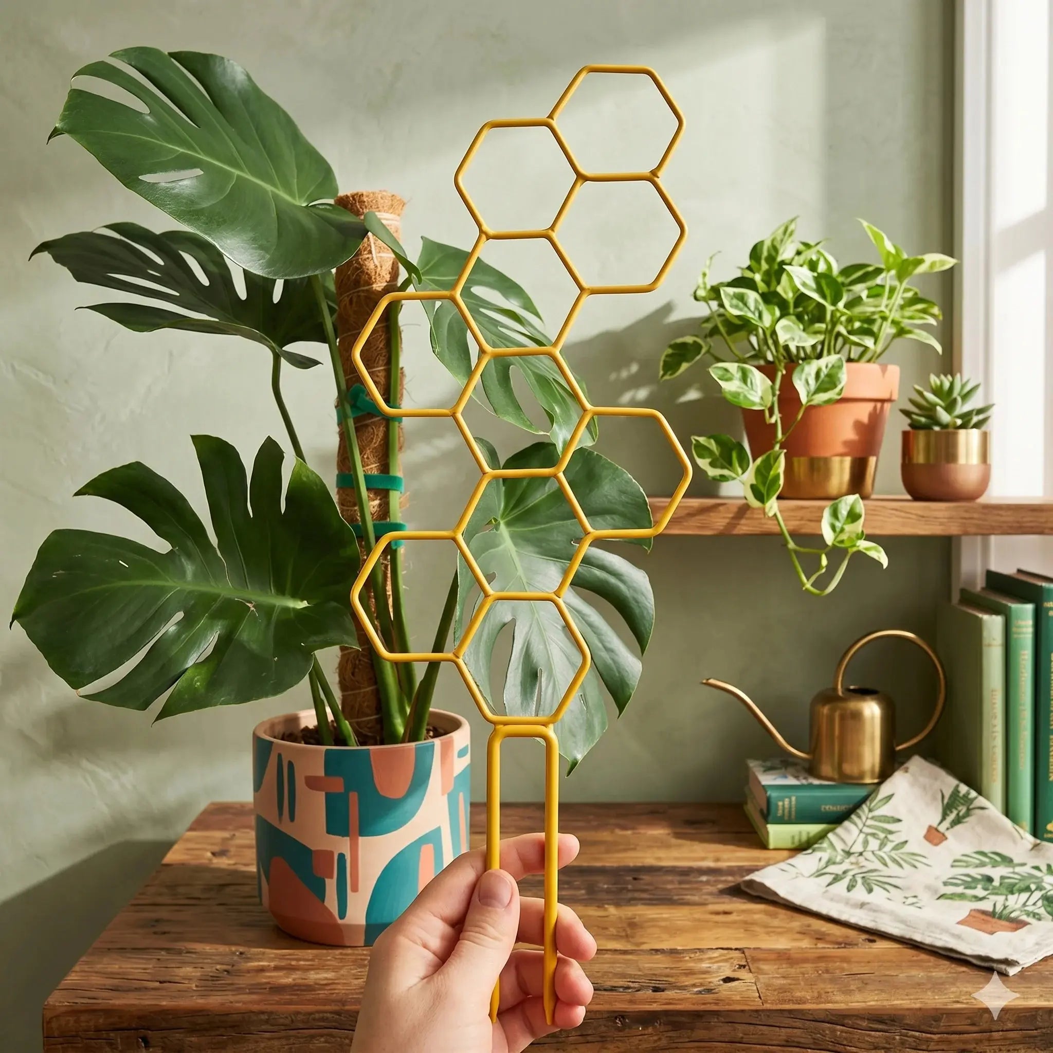 Honeycomb Golden and Black Plant Trellis for Indoor Plants
