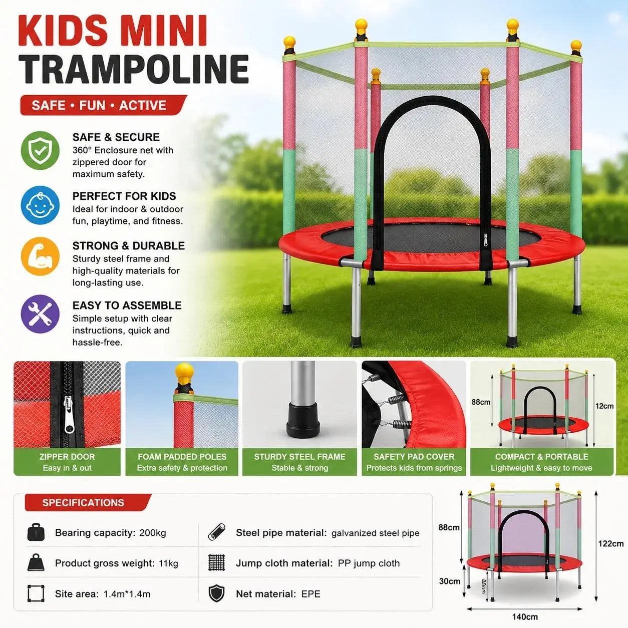Kids Trampoline 140cm with Safety Net Scrollcart Qatar