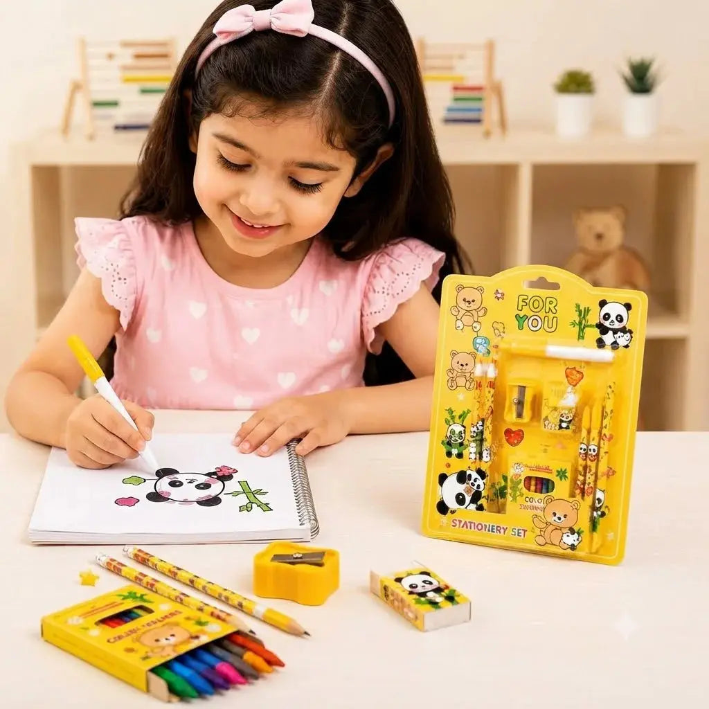 Kids Panda Teddy Stationery Set for Boys & Girls – Yellow Pencil Box with Crayons & School Supplies Scrollcart Qatar 