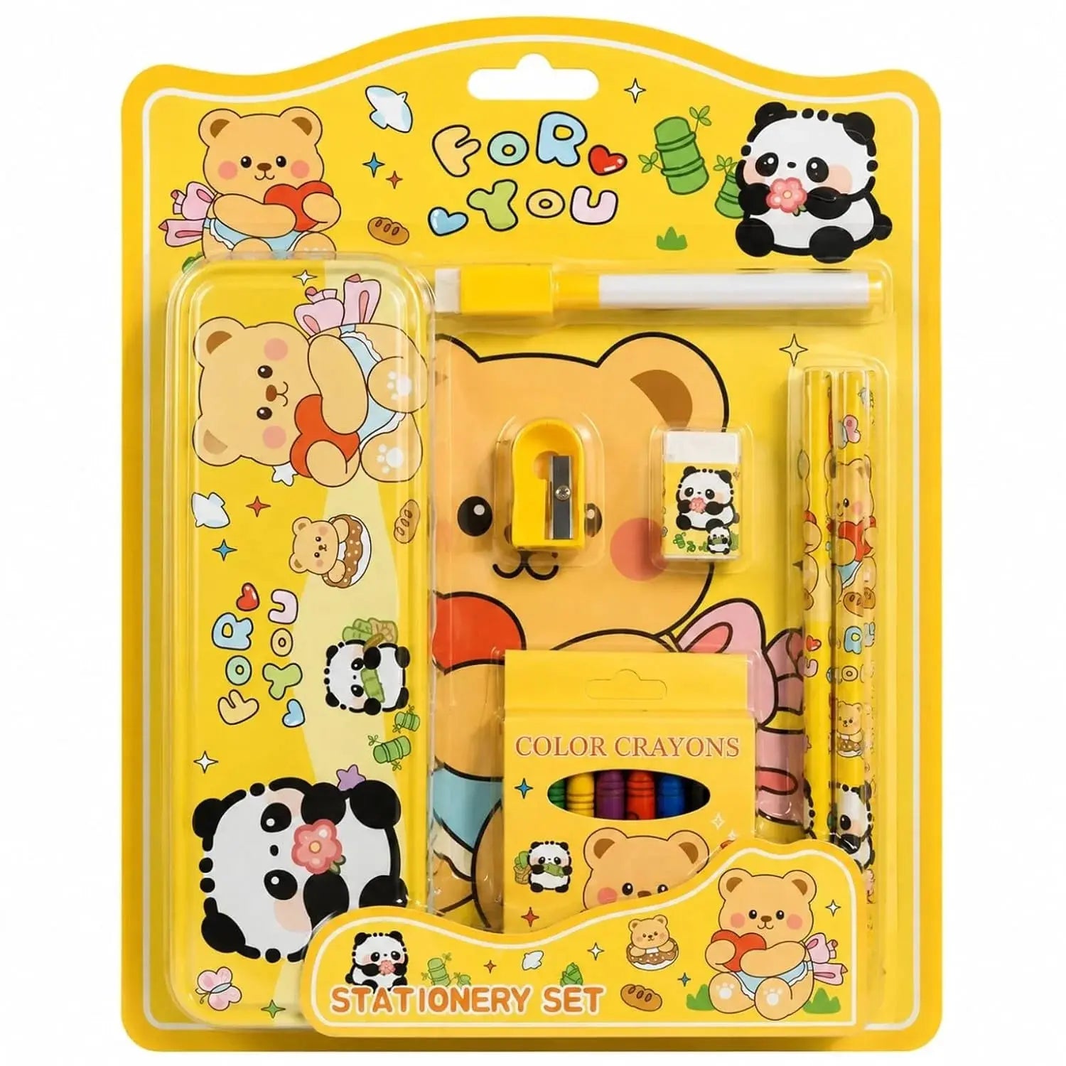 Kids Panda Teddy Stationery Set for Boys & Girls – Yellow Pencil Box with Crayons & School Supplies Scrollcart Qatar 
