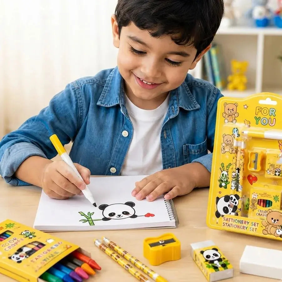 Kids Panda Teddy Stationery Set for Boys & Girls – Yellow Pencil Box with Crayons & School Supplies Scrollcart Qatar 