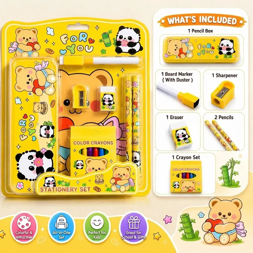 Kids Panda Teddy Stationery Set for Boys & Girls – Yellow Pencil Box with Crayons & School Supplies Scrollcart Qatar 