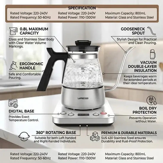 LePresso BrewWave Gooseneck Electric Kettle 0.8L 1300W – Digital Temperature Control, Silver Scrollcart Qatar 