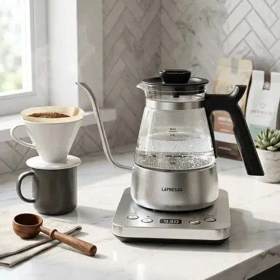 LePresso BrewWave Gooseneck Electric Kettle 0.8L 1300W – Digital Temperature Control, Silver Scrollcart Qatar 