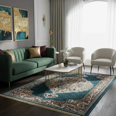 living room area rug with teal Persian pattern doha qatar