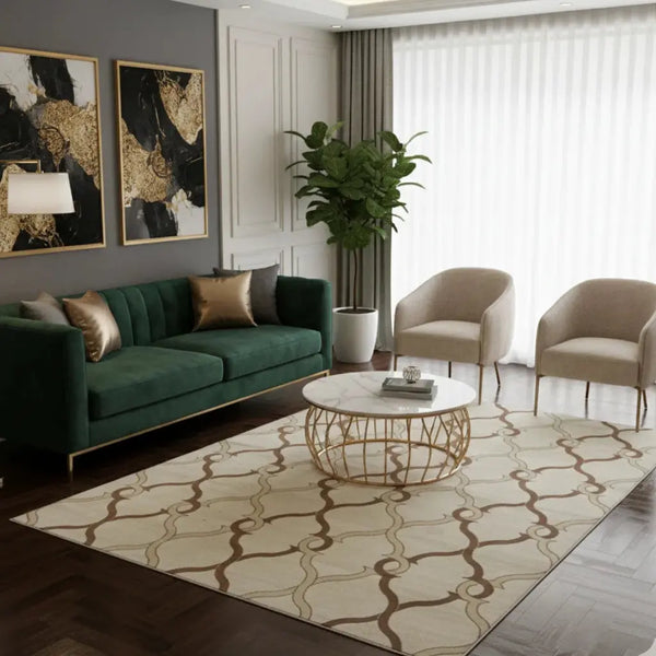 living room area rug with beige brown geometric woven pattern
