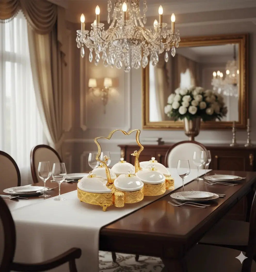 Luxurious Gold Serving Set with 6 Glass Bowls Doha Qatar
