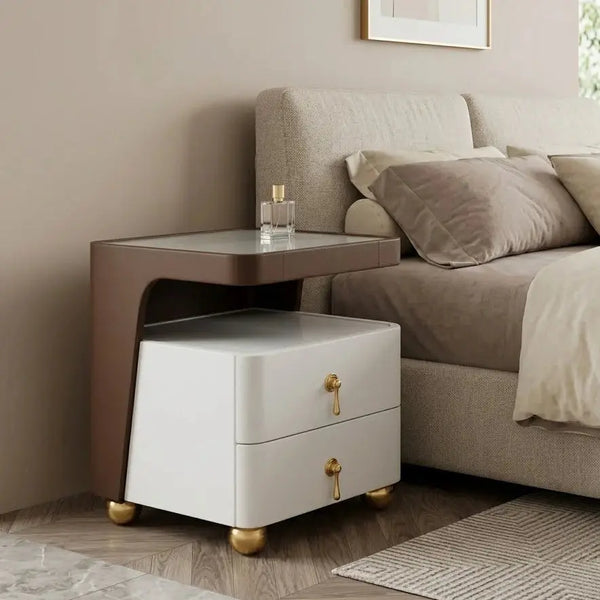 Luxury Cream Nightstand with Solid Wood Drawers & Stone Top – Modern Bedside Table for Bedroom Scrollcart Qatar 