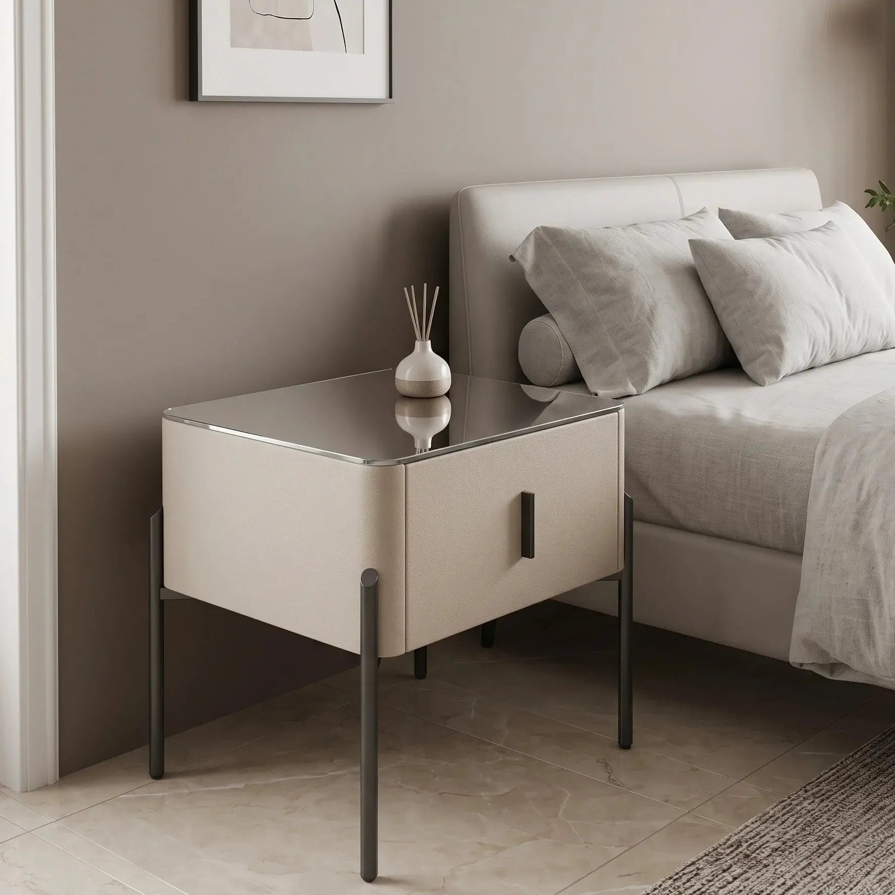 Luxury Glass Top Bedside Table with Drawer Scrollcart Qatar 