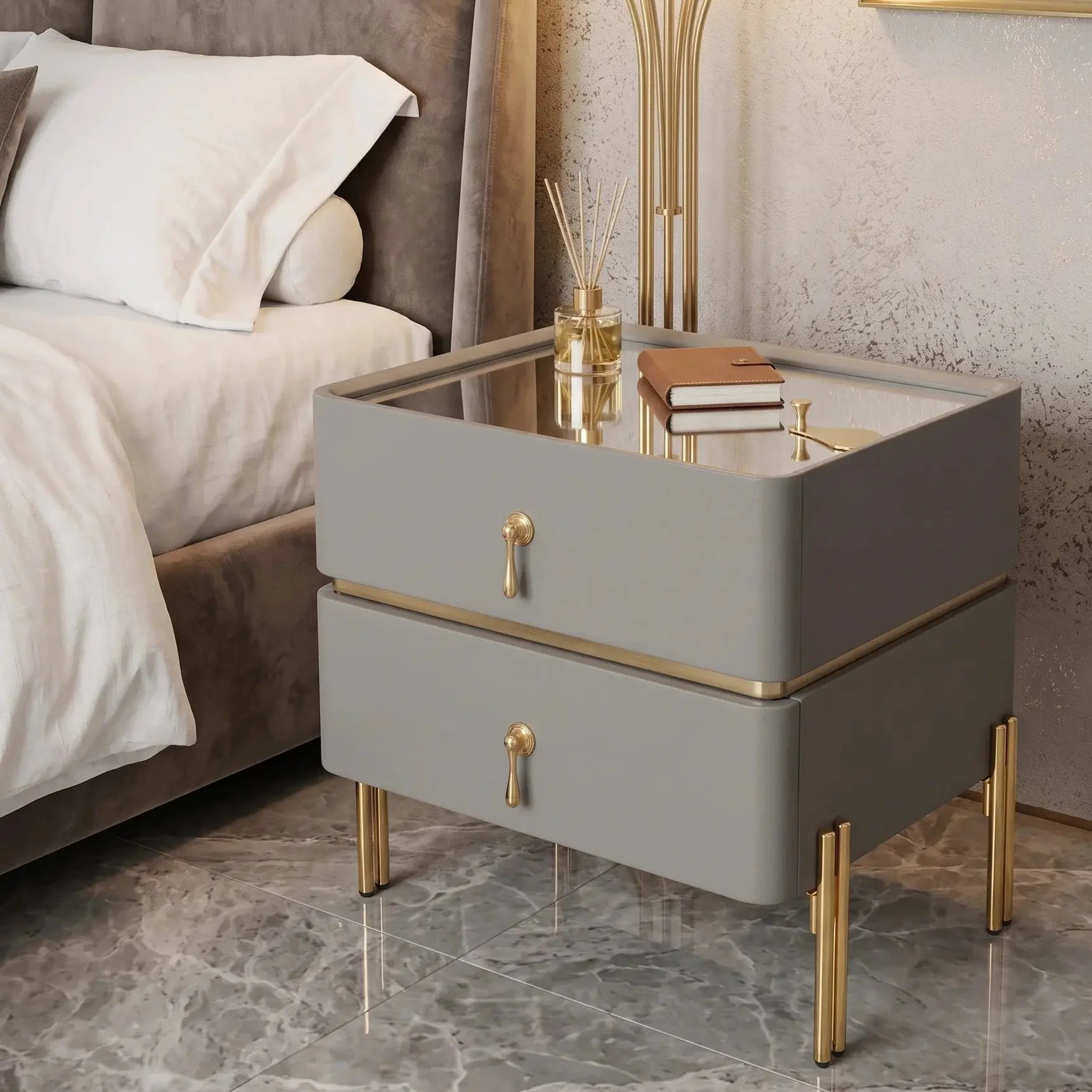 Luxury Modern Nightstand with Stone Top & 2 Drawers – Solid Wood Bedside Table Scrollcart Qatar 