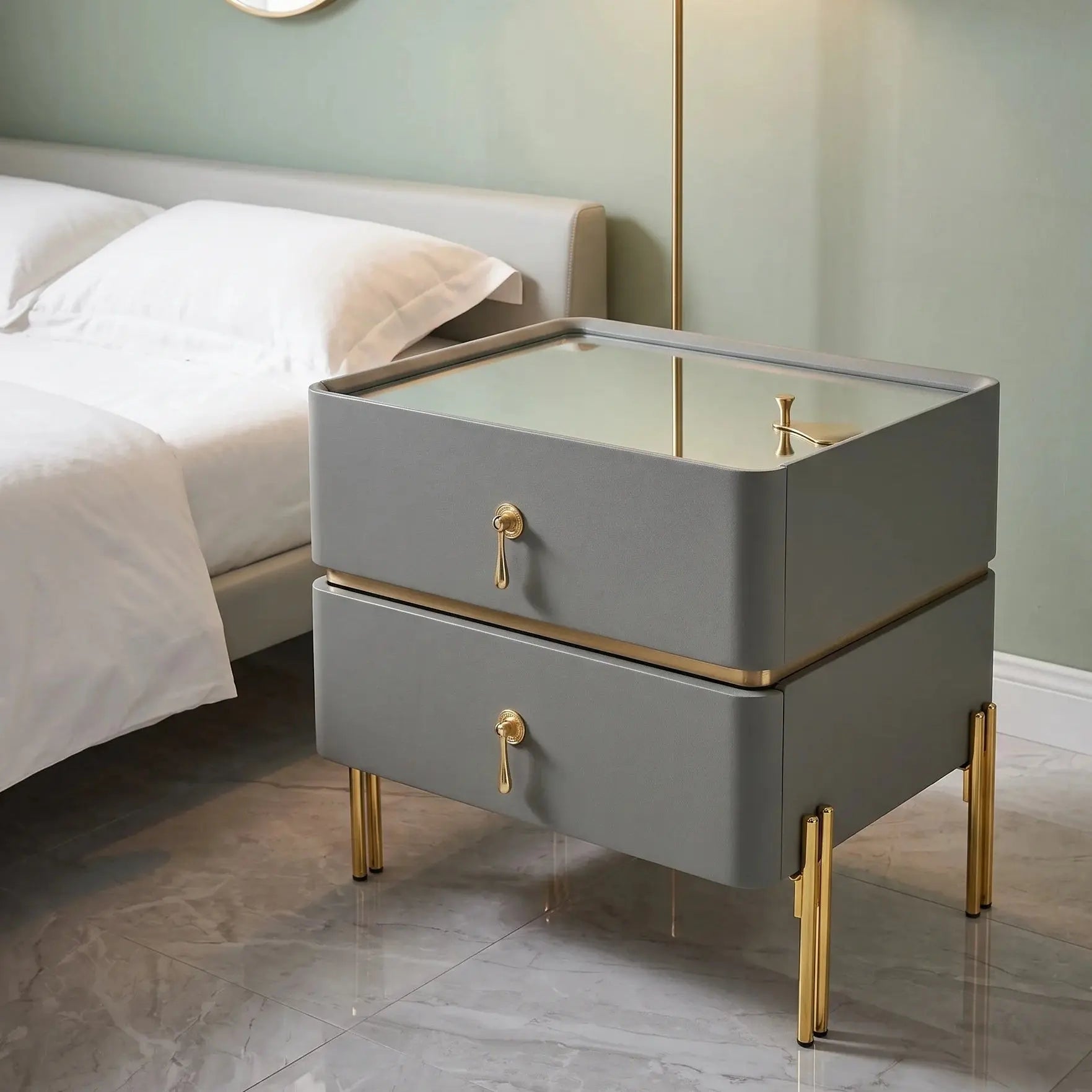 Luxury Modern Nightstand with Stone Top & 2 Drawers – Solid Wood Bedside Table Scrollcart Qatar 