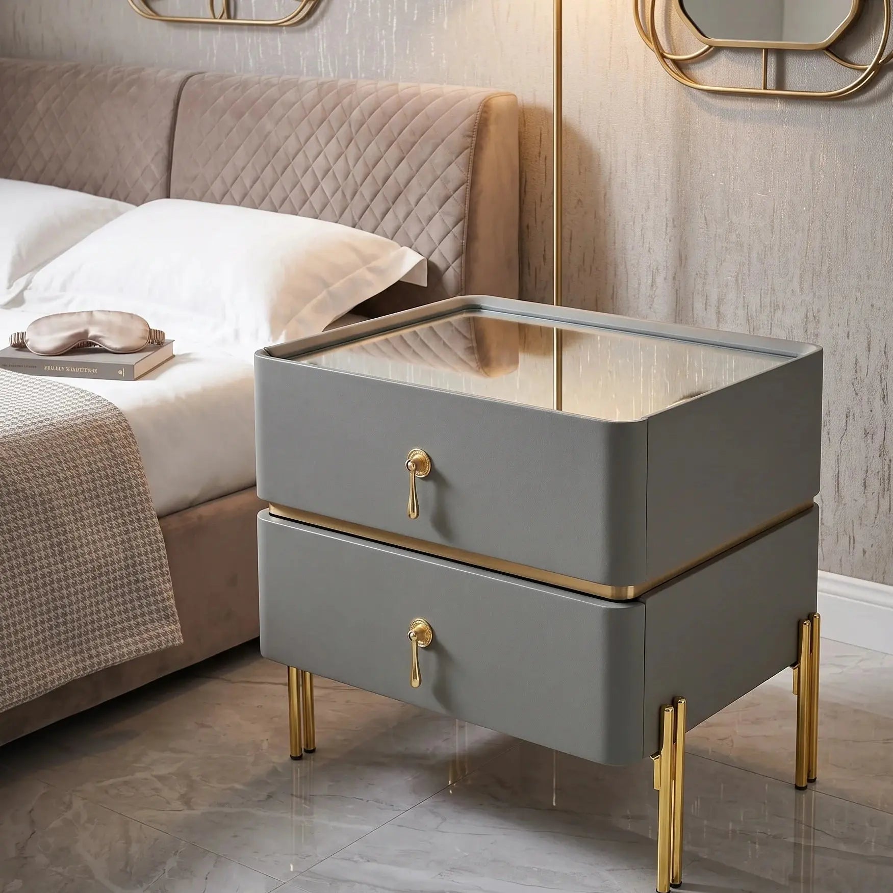 Luxury Modern Nightstand with Stone Top & 2 Drawers – Solid Wood Bedside Table Scrollcart Qatar 
