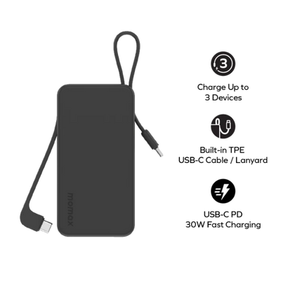 MOMAX 1-Power Vital+10000mAh Power Bank with Built In USB-C & Lightning Cable