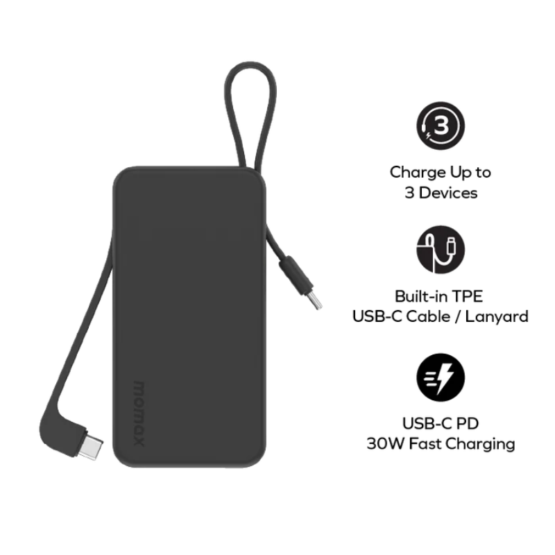 MOMAX 1-Power Vital+10000mAh Power Bank with Built In USB-C & Lightning Cable