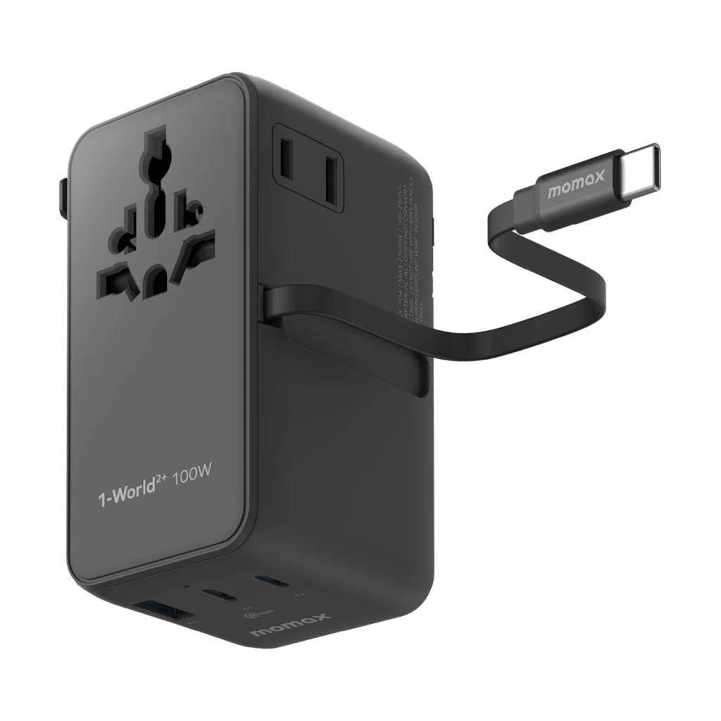 MOMAX 1-World2+100W4-Port Dual AC Travel Adaptor With Built In Retractable Cable Black