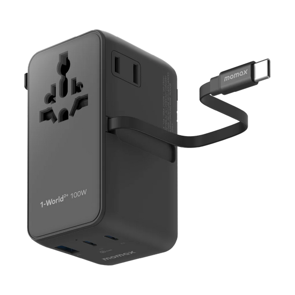 MOMAX 1-World2+100W4-Port Dual AC Travel Adaptor With Built In Retractable Cable Black