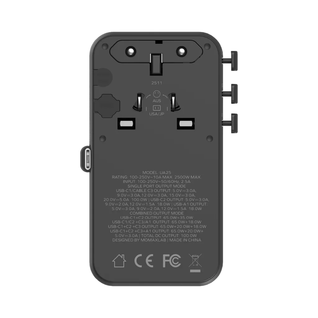 MOMAX 1-World2+100W4-Port Dual AC Travel Adaptor With Built In Retractable Cable Black