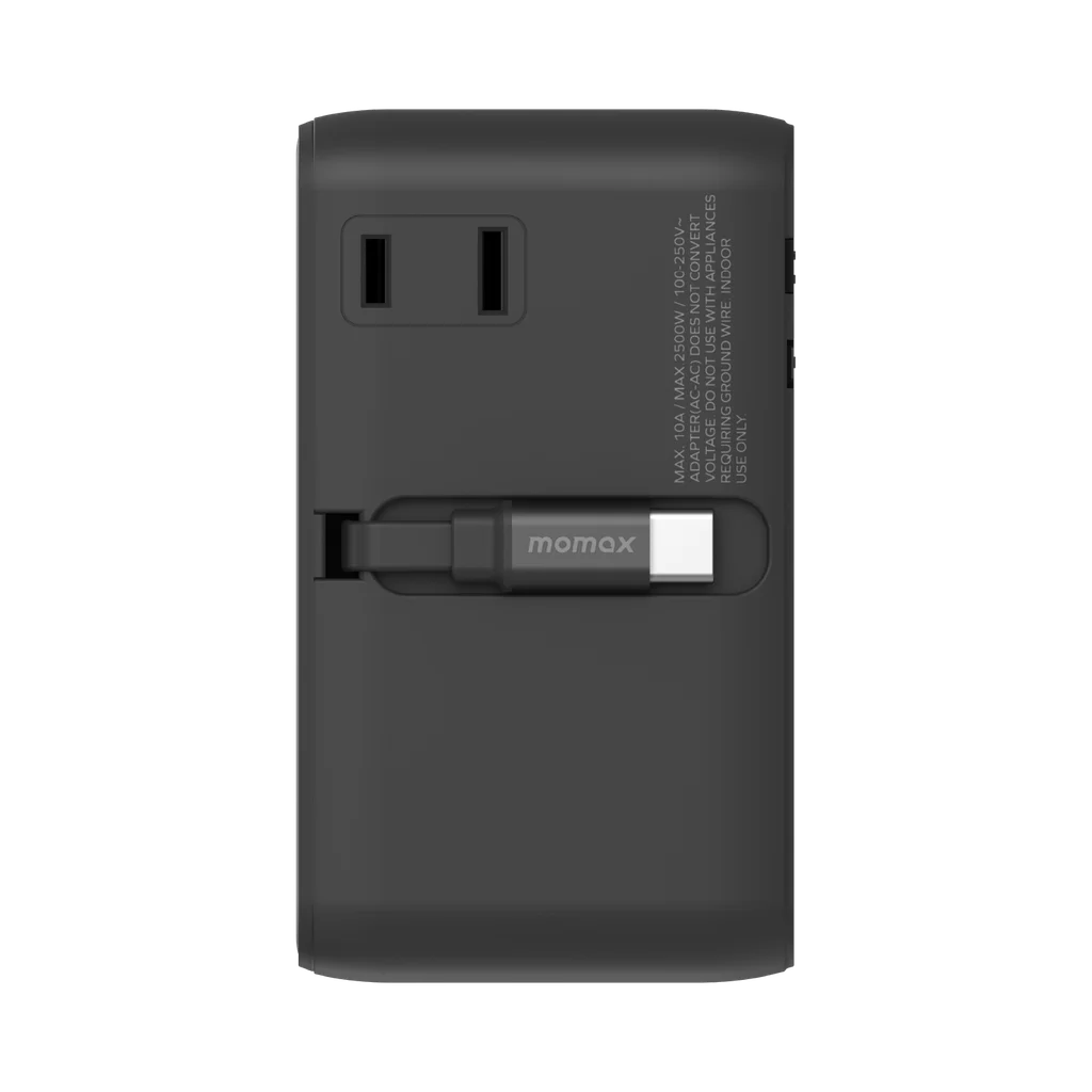 MOMAX 1-World2+100W4-Port Dual AC Travel Adaptor With Built In Retractable Cable Black