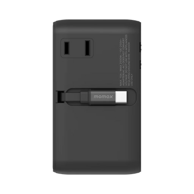 MOMAX 1-World2+100W4-Port Dual AC Travel Adaptor With Built In Retractable Cable Black
