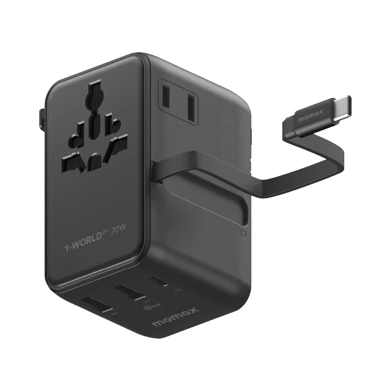 MOMAX 1-World2+70W-3-Port Dual AC Travel Adaptor With Built In Retractable Cable Black