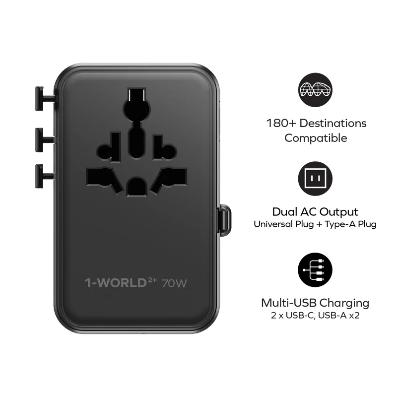 MOMAX 1-World2+70W-3-Port Dual AC Travel Adaptor With Built In Retractable Cable Black