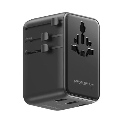 MOMAX 1-World2+70W-3-Port Dual AC Travel Adaptor With Built In Retractable Cable Black