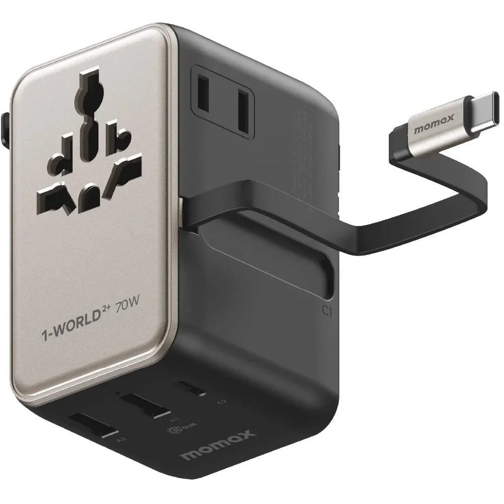 MOMAX 1-World2+70W GaN 3 Port Dual With Built In USB-C Cable AC Travel Adaptor Titanium
