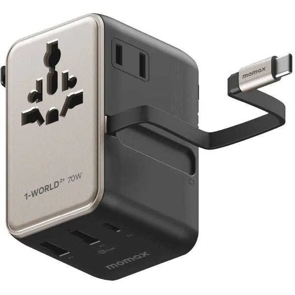 MOMAX 1-World2+70W Gan 3 Port Dual With Built In USB-C Cable AC Travel Adaptor Titanium