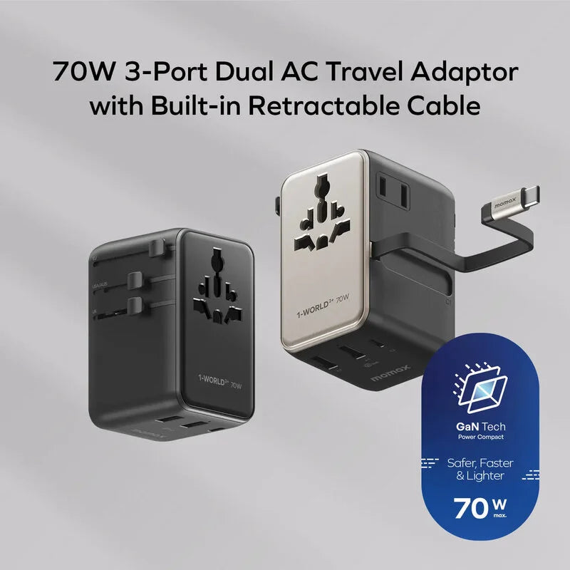 MOMAX 1-World2+70W GaN 3 Port Dual With Built In USB-C Cable AC Travel Adaptor Titanium
