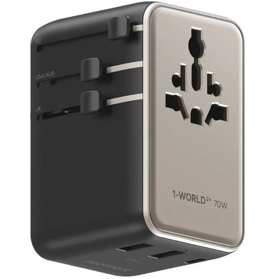 MOMAX 1-World2+70W Gan 3 Port Dual With Built In USB-C Cable AC Travel Adaptor Titanium