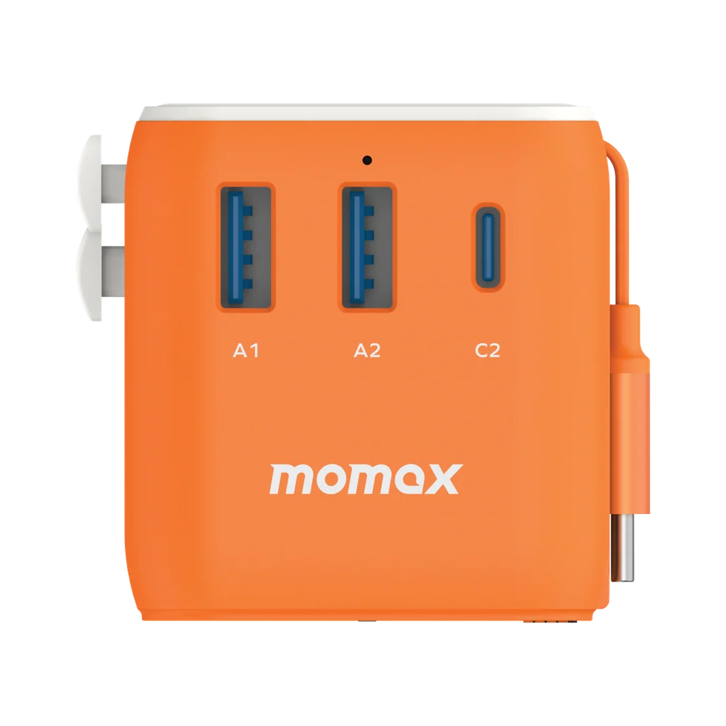 MOMAX 1-World 25W 3 Port With Built-In USB-C Cable AC Travel Adaptor