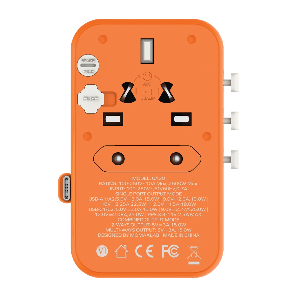 MOMAX 1-World 25W 3 Port With Built-In USB-C Cable AC Travel Adaptor