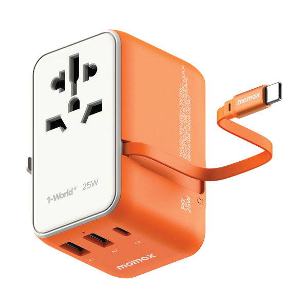 MOMAX 1-World 25W 3 Port With Built-In USB-C Cable AC Travel Adaptor